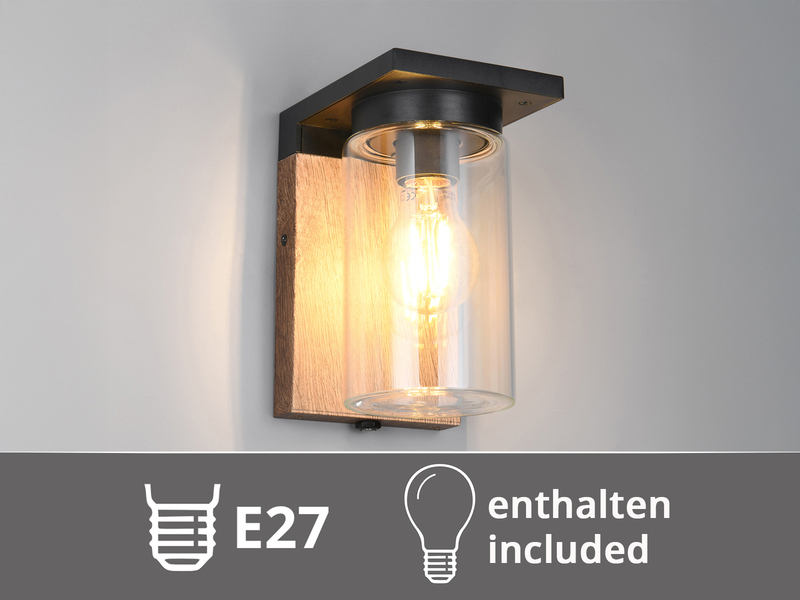 Außenwandleuchte Holzoptik mit E27 LED & Glas Lampenschirm, Höhe 19cm