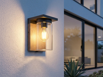 Außenwandleuchte Holzoptik mit E27 LED & Glas Lampenschirm, Höhe 19cm