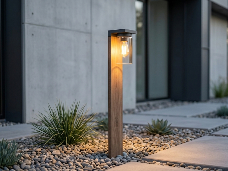 Wegeleuchte aus Aluminium Holzoptik mit E27 LED & Glasschirm, Höhe 100cm