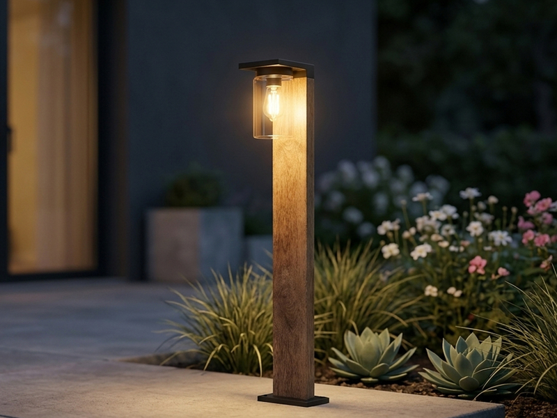 Wegeleuchte aus Aluminium Holzoptik mit E27 LED & Glasschirm, Höhe 100cm
