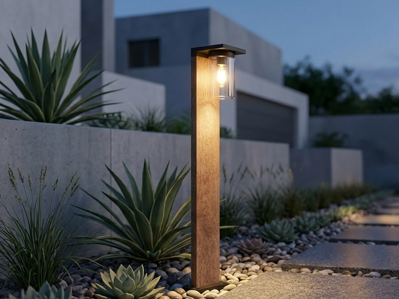 Wegeleuchte aus Aluminium Holzoptik mit E27 LED & Glasschirm, Höhe 100cm