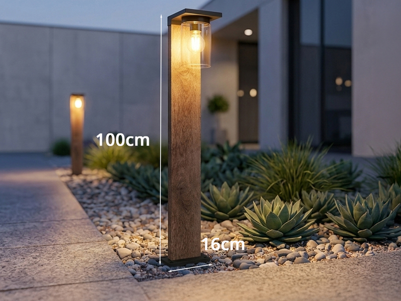 Wegeleuchte aus Aluminium Holzoptik mit E27 LED & Glasschirm, Höhe 100cm