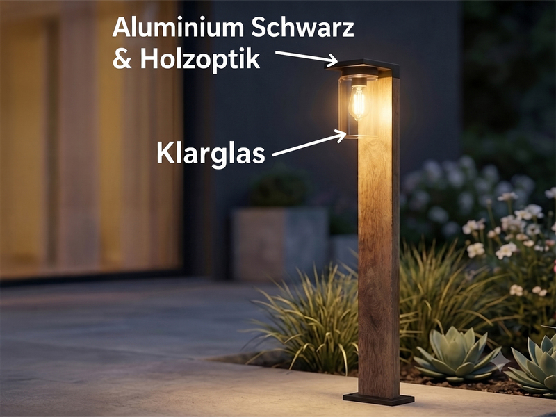 Wegeleuchte aus Aluminium Holzoptik mit E27 LED & Glasschirm, Höhe 100cm