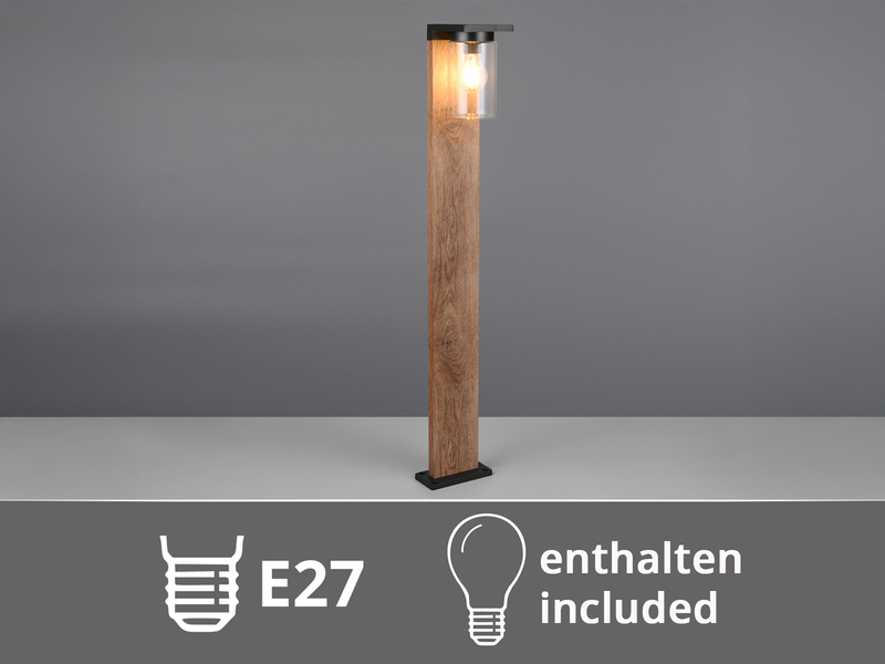 Wegeleuchte aus Aluminium Holzoptik mit E27 LED & Glasschirm, Höhe 100cm