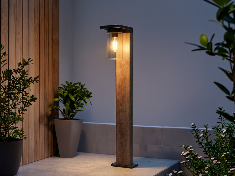 Wegeleuchte aus Aluminium Holzoptik mit E27 LED & Glasschirm, Höhe 100cm