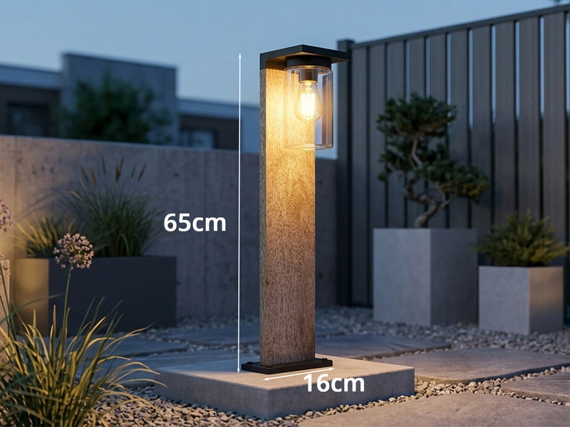 Wegeleuchte aus Aluminium Holzoptik mit E27 LED & Glasschirm, Höhe 65cm