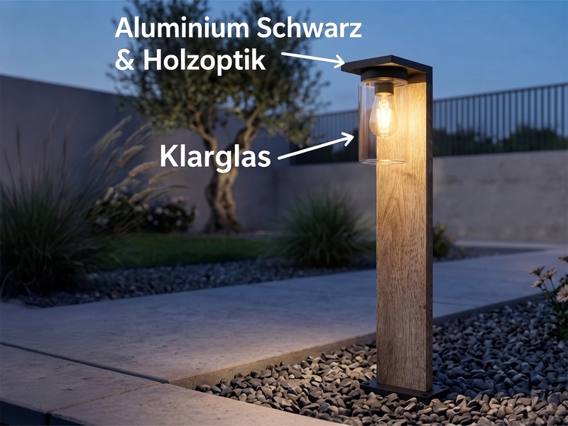 Wegeleuchte aus Aluminium Holzoptik mit E27 LED & Glasschirm, Höhe 65cm