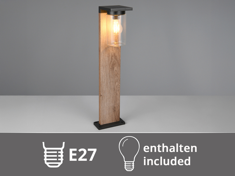 Wegeleuchte aus Aluminium Holzoptik mit E27 LED & Glasschirm, Höhe 65cm