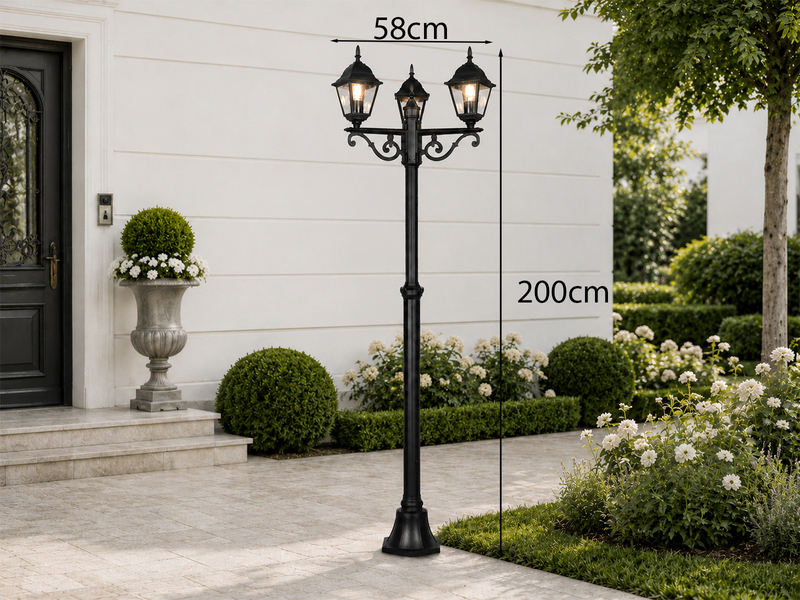 Straßenlaterne LIVENZA 3-flammig aus Aluminium Schwarz, Höhe 200cm