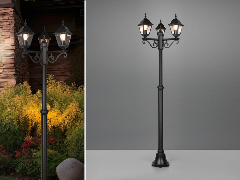 Straßenlaterne LIVENZA 3-flammig aus Aluminium Schwarz, Höhe 200cm