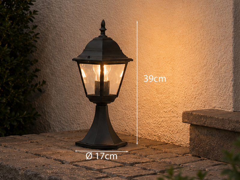 Sockelleuchte LIVENZA nostalgische Laterne, Aluminium Schwarz, Höhe 39cm