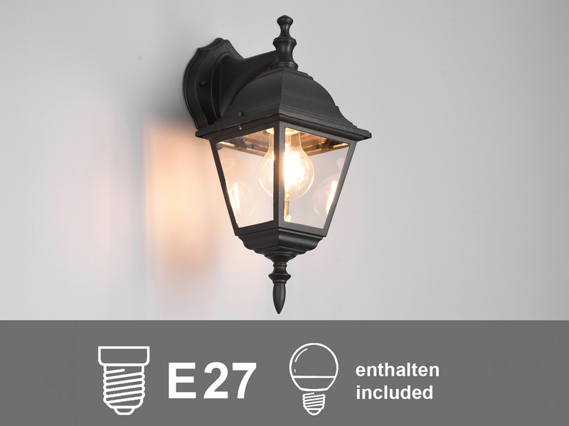 Außenwandleuchte Laterne hängend, Aluminium Schwarz mit E27 LED, Höhe 34cm