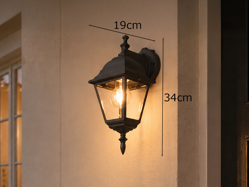 Außenwandleuchte Laterne hängend, Aluminium Schwarz mit E27 LED, Höhe 34cm