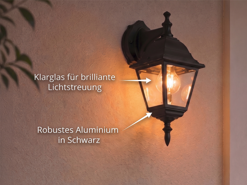 Außenwandleuchte Laterne hängend, Aluminium Schwarz mit E27 LED, Höhe 34cm