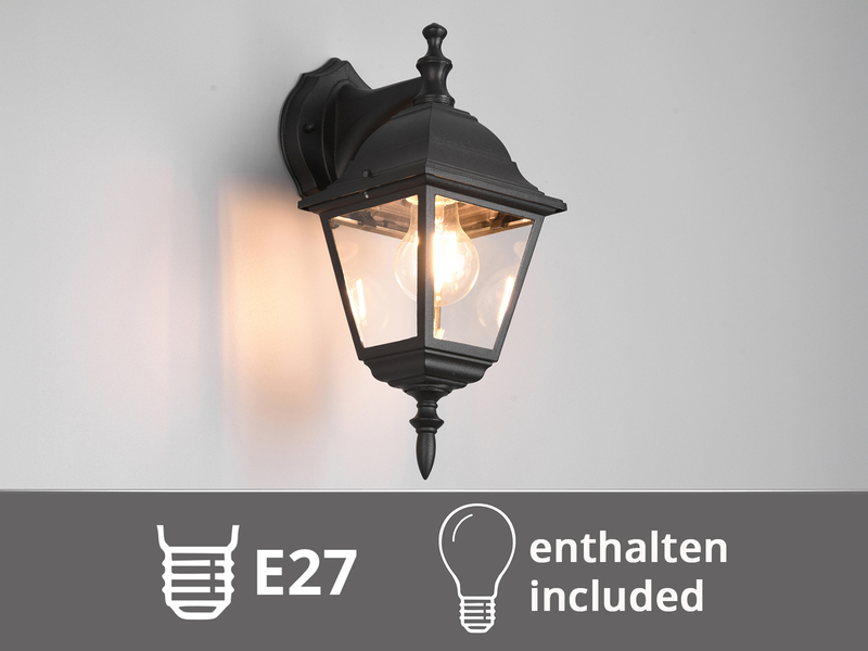 Außenwandleuchte Laterne hängend, Aluminium Schwarz mit E27 LED, Höhe 34cm