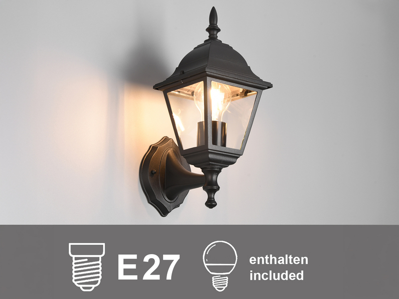 Außenwandleuchte Laterne stehend, Aluminium Schwarz mit E27 LED, Höhe 34cm