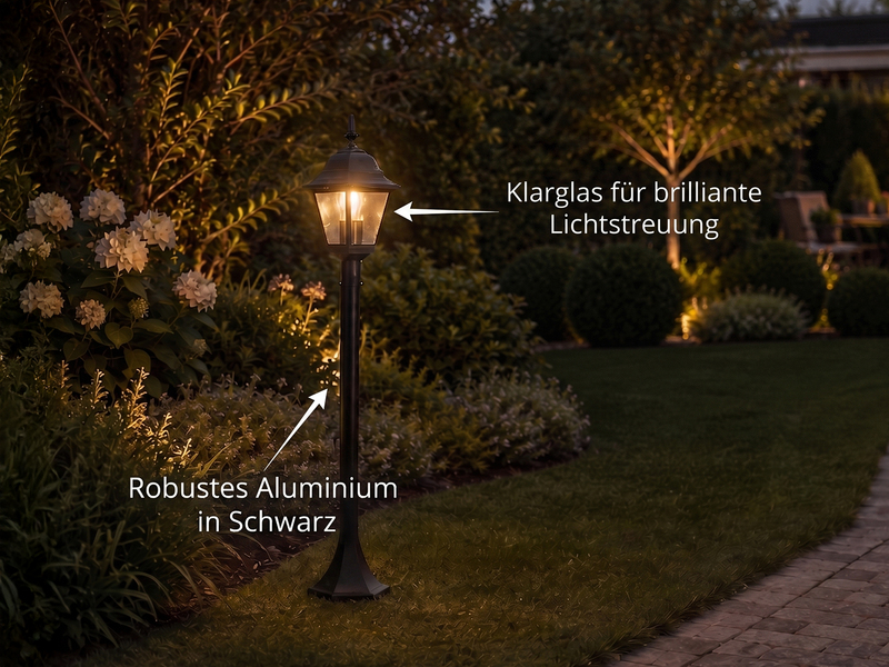 Wegeleuchte Aluminium Schwarz, Gartenlaterne mit E27 LED, Höhe 100cm