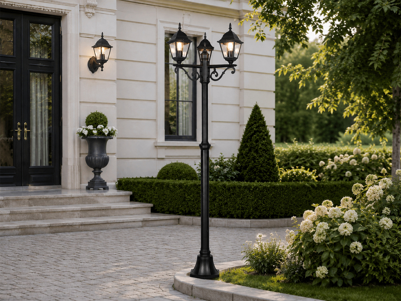 Straßenlaterne 3-flammig aus Aluminium Schwarz mit E27 LED, Höhe 200cm