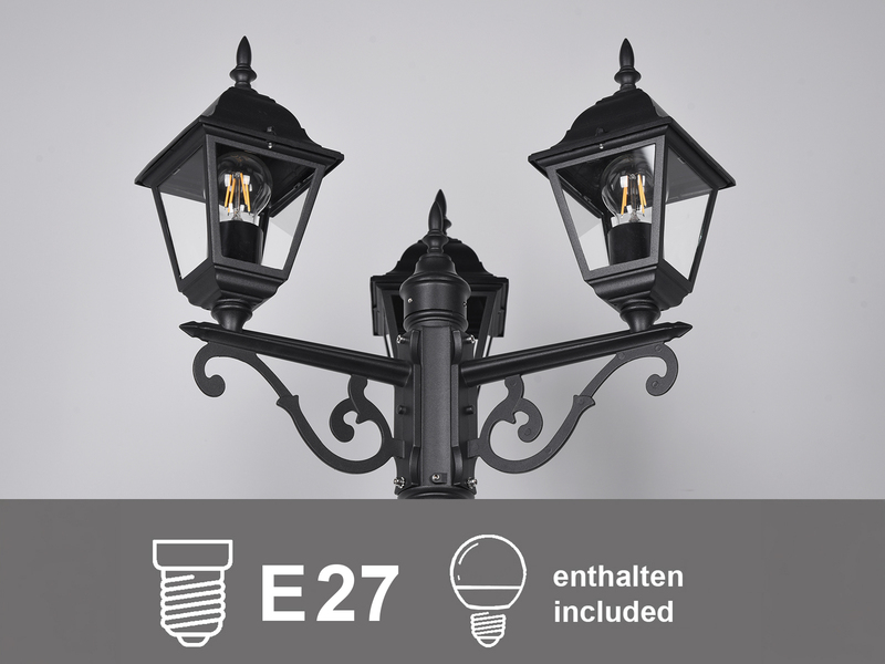 Straßenlaterne 3-flammig aus Aluminium Schwarz mit E27 LED, Höhe 200cm