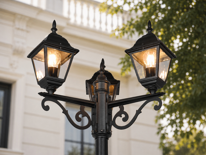 Straßenlaterne 3-flammig aus Aluminium Schwarz mit E27 LED, Höhe 200cm