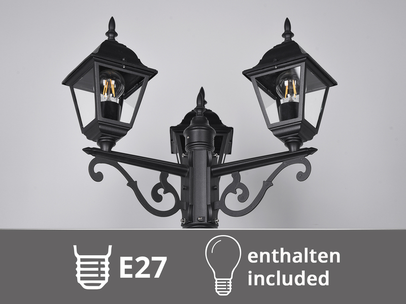Straßenlaterne 3-flammig aus Aluminium Schwarz mit E27 LED, Höhe 200cm
