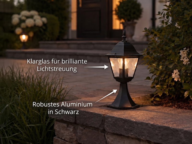 Außen Sockelleuchte Aluminium Schwarz, Gartenlaterne mit E27 LED, Höhe 39cm