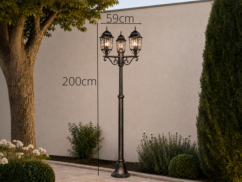 Straßenlaterne VOLTURNO 3-flammig Aluminium Rostoptik antik, E27, Höhe 200cm