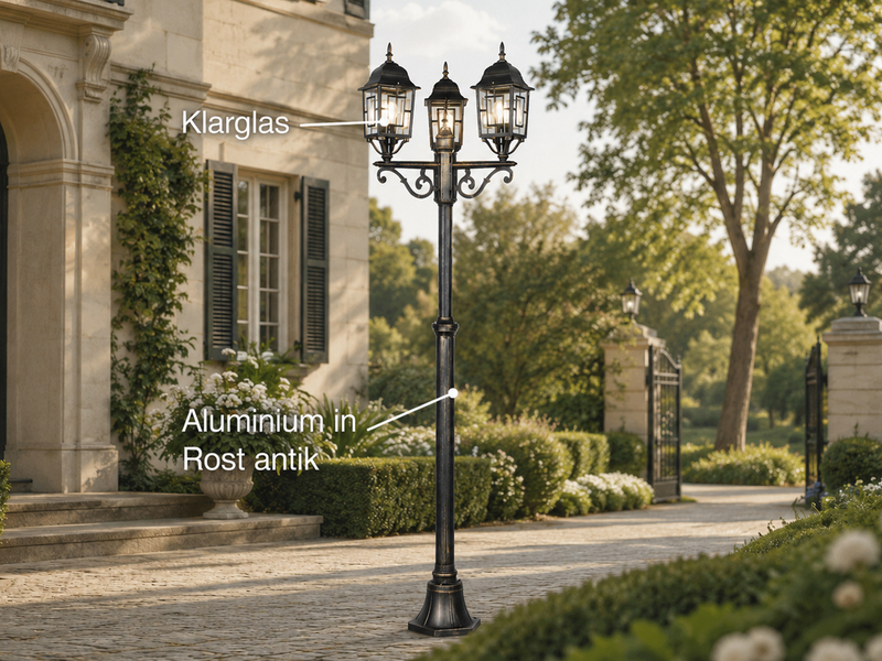 Straßenlaterne VOLTURNO 3-flammig Aluminium Rostoptik antik, E27, Höhe 200cm