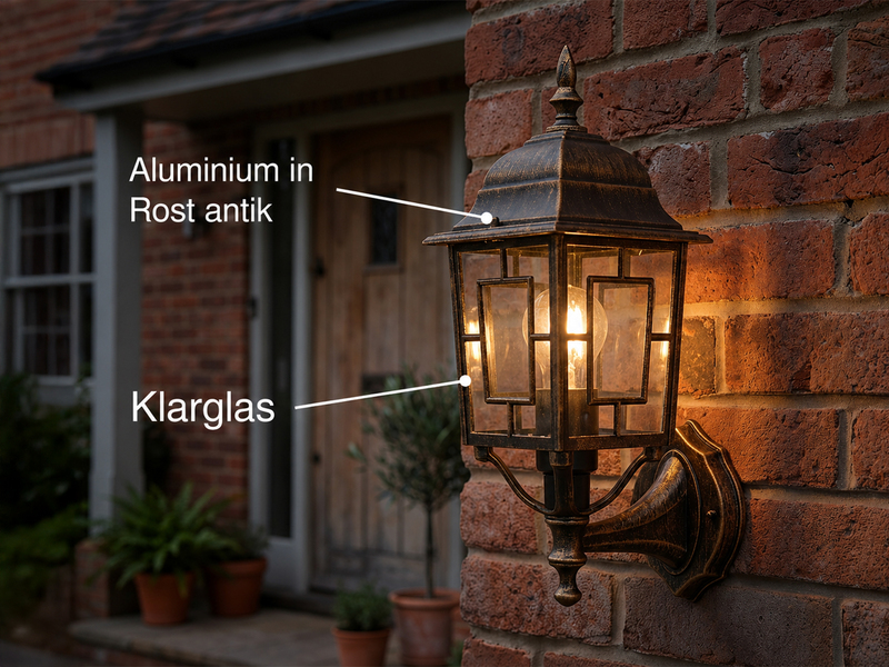 Antike Außenwandleuchte, Laterne stehend Rostoptik mit E27 LED, Höhe 41cm