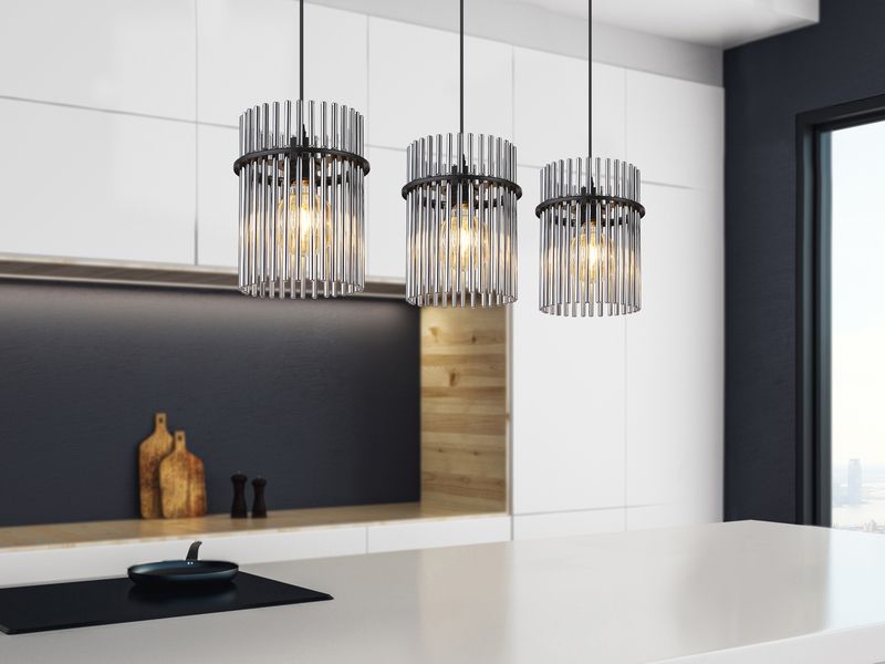 Pendelleuchte GORLEY 3-flammig mit Rauchglas Stäben, Breite 80cm