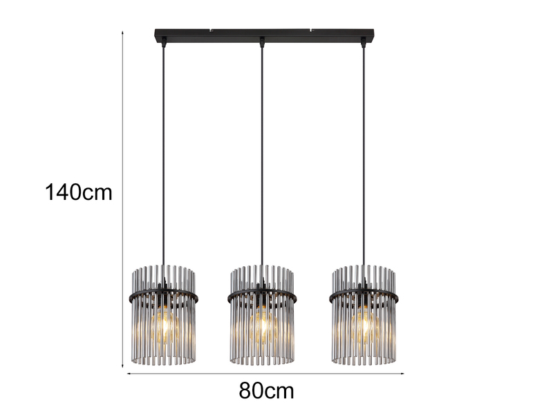 Balkenpendelleuchte GORLEY 3-flammig mit Rauchglas Stäben, Breite 80cm