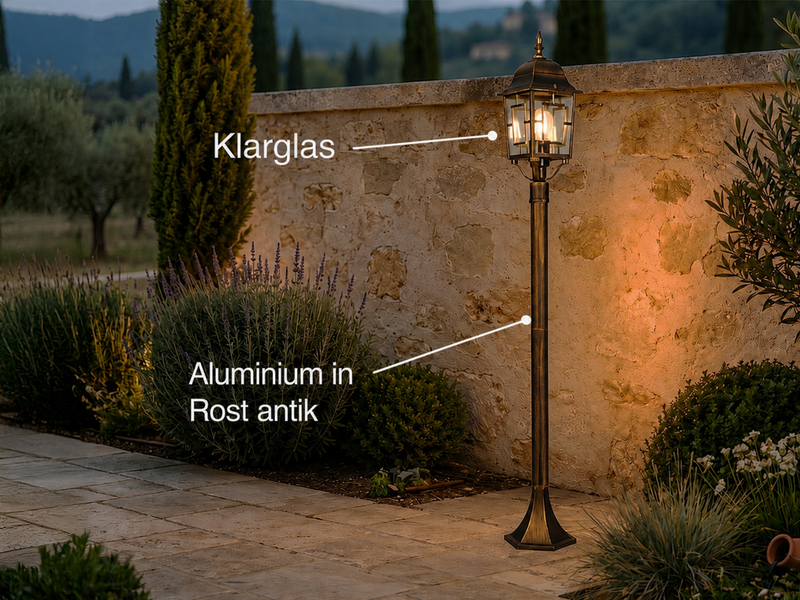 Antike Wegeleuchte aus Aluminium Rostoptik mit E27 LED, Höhe 100cm