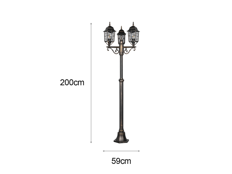 Straßenlaterne 3-flammig Aluminium Rostoptik antik mit E27 LED, Höhe 200cm