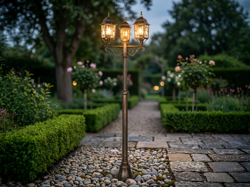 Straßenlaterne 3-flammig Aluminium Rostoptik antik mit E27 LED, Höhe 200cm