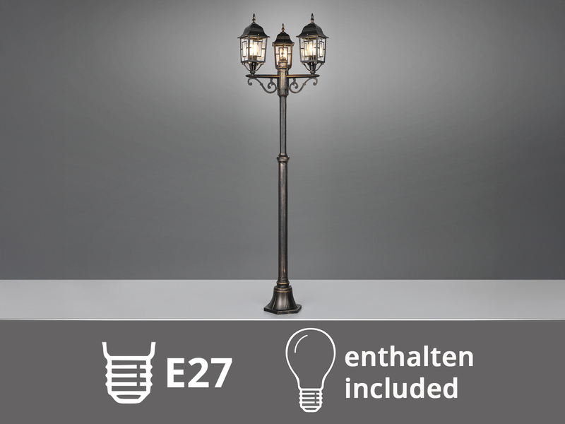Straßenlaterne 3-flammig Aluminium Rostoptik antik mit E27 LED, Höhe 200cm