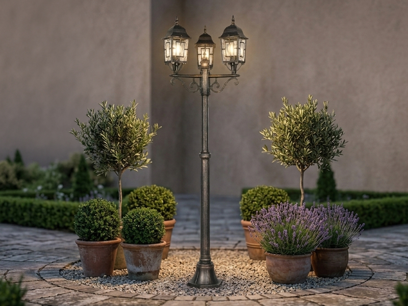 Straßenlaterne 3-flammig Aluminium Rostoptik antik mit E27 LED, Höhe 200cm