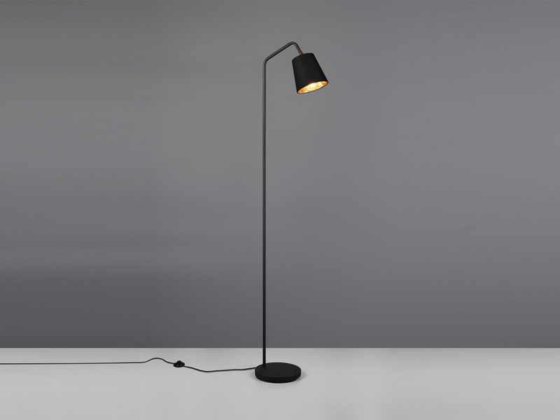 LED Stehleuchte Spot schwenkbar, Metall & Stoffschirm Schwarz/Gold, Höhe 148cm