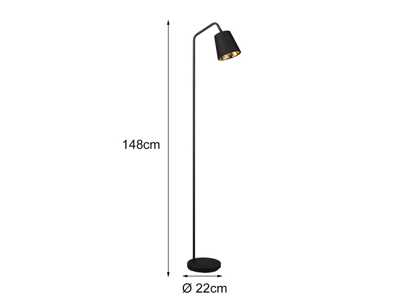 LED Stehleuchte Spot schwenkbar, Metall & Stoffschirm Schwarz/Gold, Höhe 148cm