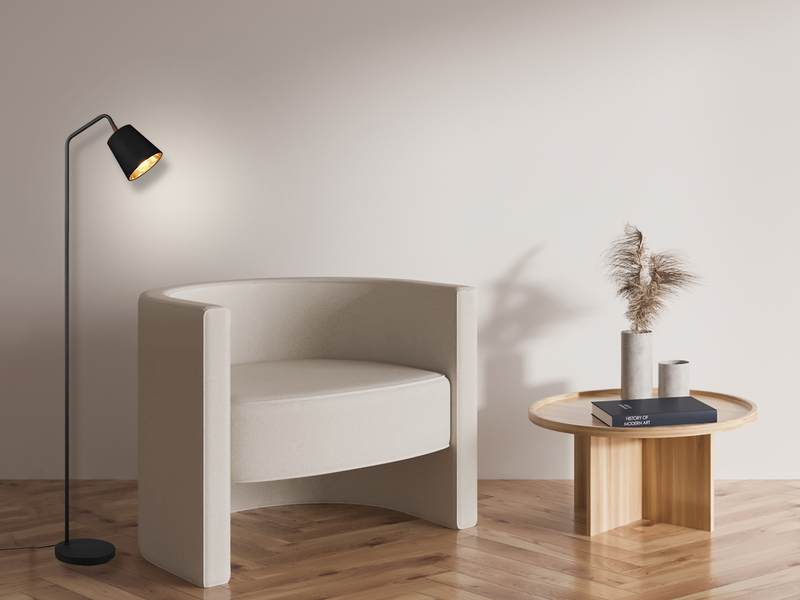 LED Stehleuchte Spot schwenkbar, Metall & Stoffschirm Schwarz/Gold, Höhe 148cm