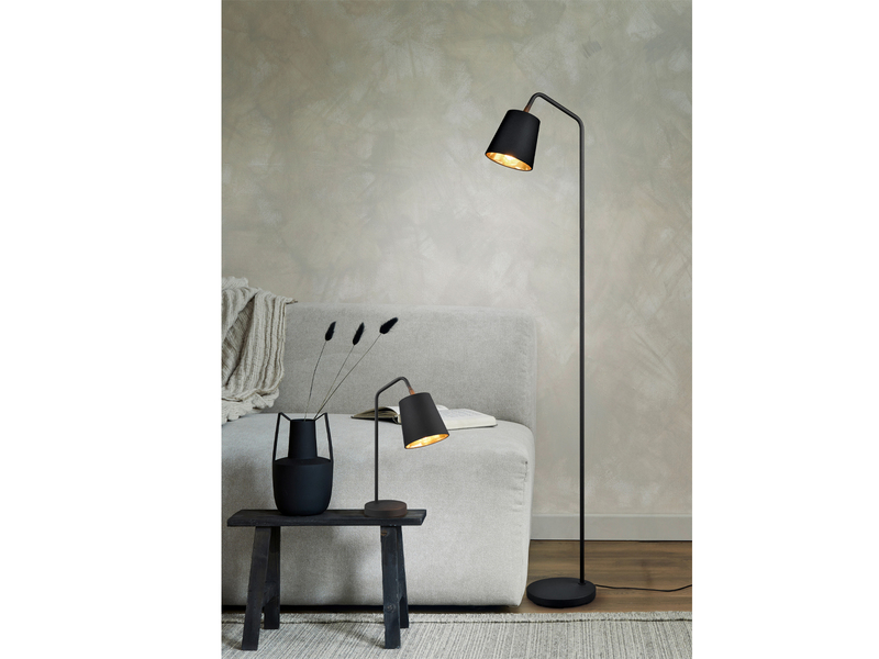 LED Stehleuchte Spot schwenkbar, Metall & Stoffschirm Schwarz/Gold, Höhe 148cm