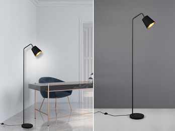 LED Stehleuchte Spot schwenkbar, Metall & Stoffschirm Schwarz/Gold, Höhe 148cm