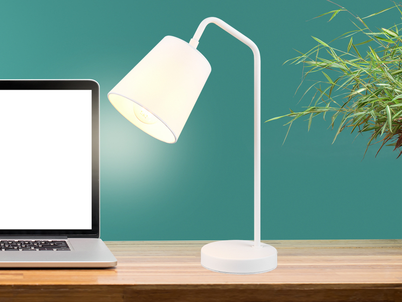 LED Tischleuchte Spot schwenkbar, aus Metall & Stoffschirm in Weiß, Höhe 45cm