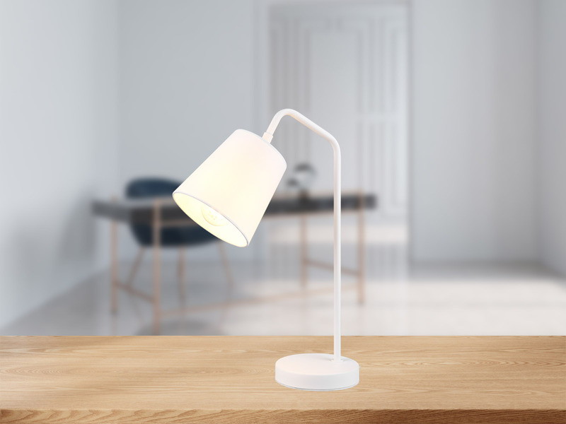 LED Tischleuchte Spot schwenkbar, aus Metall & Stoffschirm in Weiß, Höhe 45cm