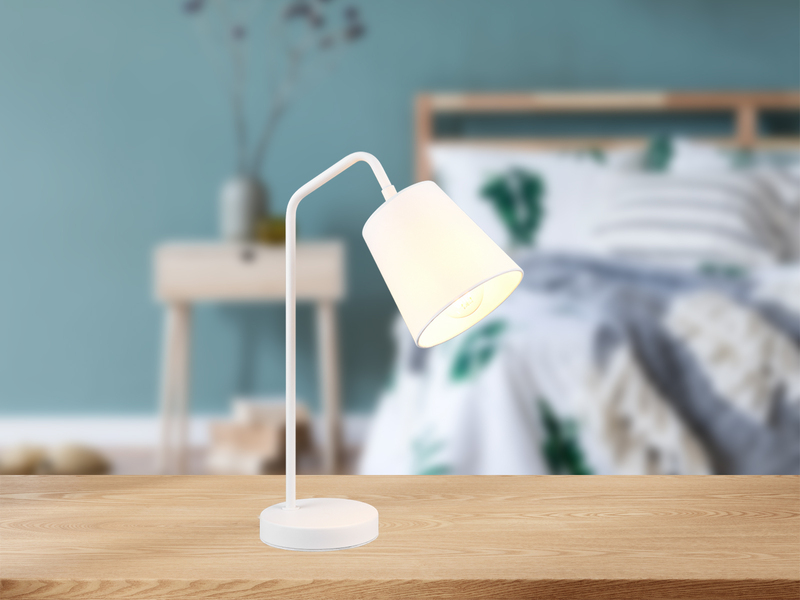 LED Tischleuchte Spot schwenkbar, aus Metall & Stoffschirm in Weiß, Höhe 45cm