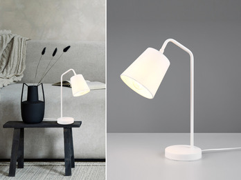 LED Tischleuchte Spot schwenkbar, aus Metall & Stoffschirm in Weiß, Höhe 45cm