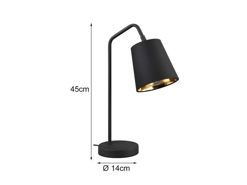 LED Tischleuchte Spot schwenkbar, Metall & Stoffschirm Schwarz/Gold, Höhe 45cm