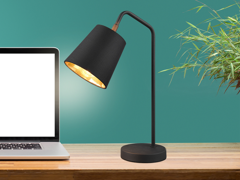 LED Tischleuchte Spot schwenkbar, Metall & Stoffschirm Schwarz/Gold, Höhe 45cm