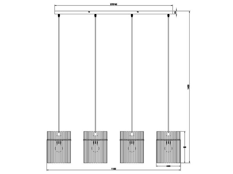 Balkenpendelleuchte GORLEY 4-flammig mit Rauchglas Stäben, Breite 110cm