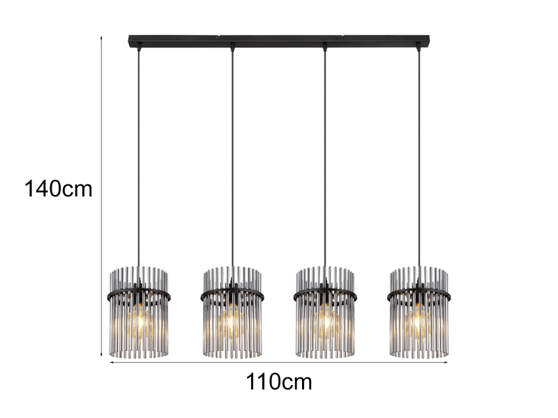 Balkenpendelleuchte GORLEY 4-flammig mit Rauchglas Stäben, Breite 110cm