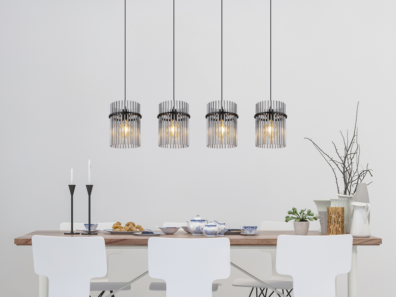 Pendelleuchte GORLEY 4-flammig mit Rauchglas Stäben, Breite 110cm
